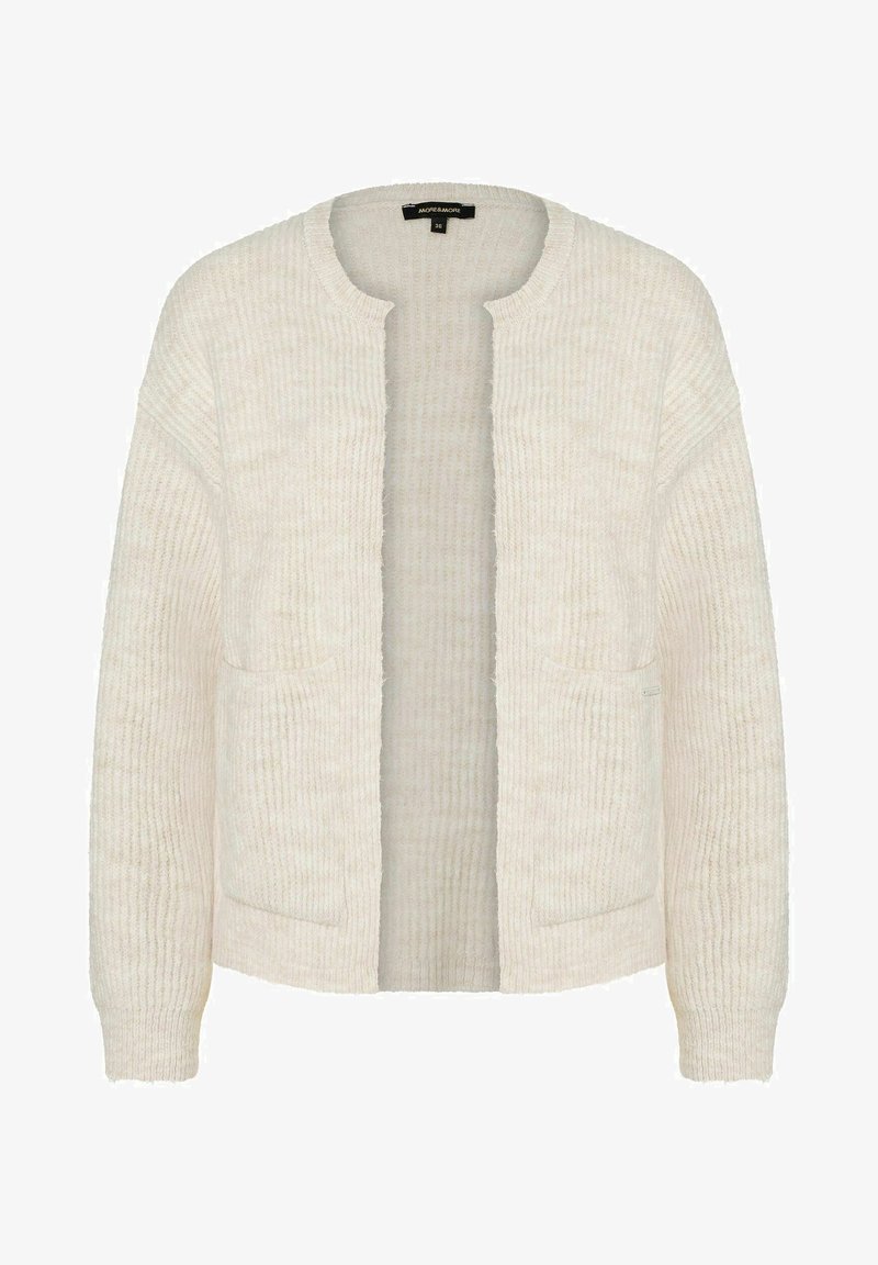 Hellbeige Strickjacke mit strukturiertem Rippenmuster, offener Front, langen Ärmeln und zwei Fronttaschen. Keine Verschlüsse sind sichtbar.