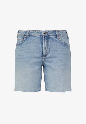 Lichtblauwe denim shorts met een losse pasvorm, voorzien van een knoopsluiting aan de voorkant, vijf zakken en een rafelige zoom.