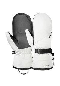 Weiße und schwarze Fäustlinge aus Softshell-Material, mit einer Lederhandfläche, elastischem Bündchen und verstellbarem Riemen für einen sicheren Sitz.