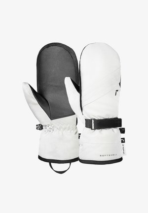 Witte en zwarte wanten gemaakt van softshellmateriaal, met een leren palm, een elastische manchet en een verstelbare riem voor een veilige pasvorm.