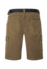Brown cargo shorts with a brushed texture, featuring multiple pockets, a navy elastic waistband, and decorative stitching along the seams.