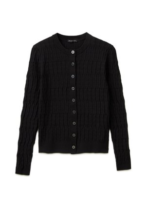 Cardigan nero lavorato a maglia con maniche lunghe, scollo rotondo e chiusura frontale con bottoni, con motivo a quadrati strutturato.