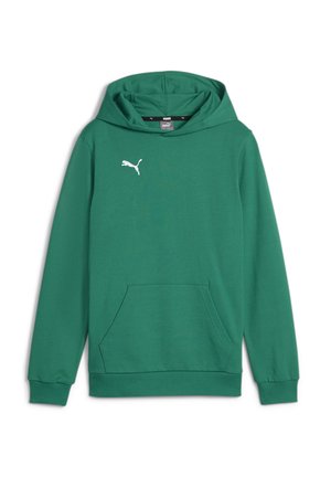 Felpa verde realizzata in morbido tessuto, con tasca a marsupio, polsini e orlo a costine, e un piccolo logo bianco sul petto.
