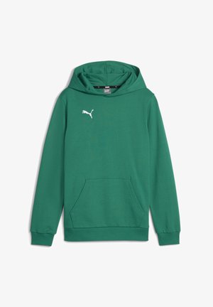 Groene hoodie gemaakt van zachte stof, met een kangoeroezak, ribgebreide manchetten en zoom, en een klein wit logo op de borst.