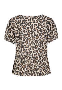 Leopardenmuster-Bluse in Beige, mit kurzen Puffärmeln, rundem Halsausschnitt und einem Peplum-Saum mit gerafftem Stoff.