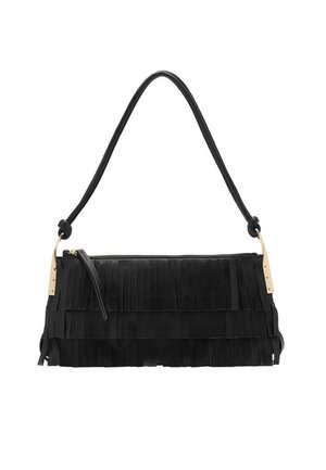 Sort læderhåndtaske med lagdelte frynser, guldfarvet hardware og en enkelt skulderrem med knudenoteringer.
