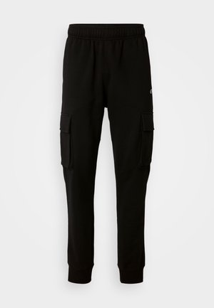 Pantalon cargo noir en mélange de coton, doté d'une taille élastique, de deux poches latérales et de bas de pantalon resserrés pour un ajustement fuselé.