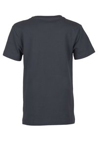 T-paita tummanharmaasta puuvillasta, lyhyillä hihoilla, pyöreällä kaula-aukolla ja sileällä pinnalla; takana ei ole näkyviä kuvioita tai yksityiskohtia.