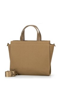 Borsa a tracolla in tessuto beige con forma strutturata, manici lucidi beige e tracolla rimovibile. Design minimalista senza hardware visibile.