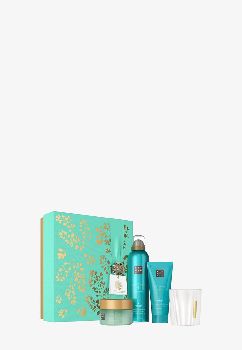 Turkos och guld presentlåda med matchande kroppsskrubb, skummande duschgel, återfuktande kroppskräm och vitrandig doftljus.