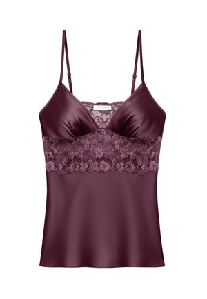 Camisola in satin bordeaux con sottili spalline regolabili, che presenta un pannello in pizzo floreale sul décolleté e un design liscio e aderente.
