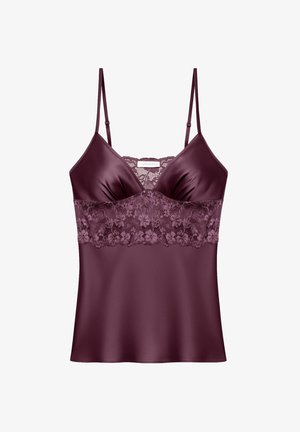 Bordeaux satijnen camisole met dunne verstelbare bandjes, voorzien van een bloemenkantpaneel bij de buste en een gladde, aansluitende pasvorm.