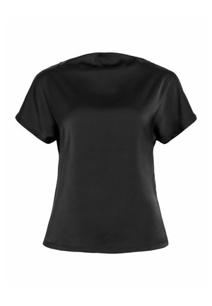 Blouse noire à manches courtes en tissu lisse, avec un col rond et une coupe décontractée sans fermetures ni motifs visibles.