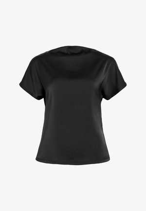 Blouse noire à manches courtes en tissu lisse, avec un col rond et une coupe décontractée sans fermetures ni motifs visibles.