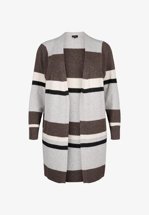 Adīta jaka ar atvērtu priekšpusi, garām piedurknēm un horizontālām svītrām pelēkā, brūnā, krēmkrāsā un melnā krāsā. Mīksta tekstūra ar brīvu piegriezumu.