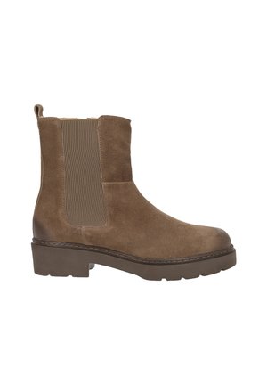 Bottines en suède marron avec des panneaux latéraux élastiques, un bout arrondi et des semelles en caoutchouc épaisses. Présente des coutures décoratives le long de la semelle.