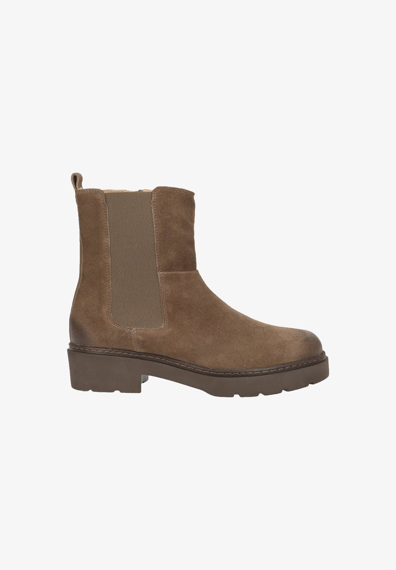 Braune Wildleder-Stiefeletten mit elastischen Seiteneinsätzen, runder Schuhspitze und robusten Gummisohlen. Mit dekorativem Nähen entlang der Sohle.