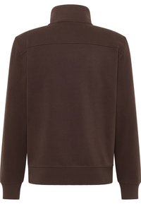 Brown pullover sweatshirt with a high collar, long sleeves, and ribbed cuffs and hem. Smooth fabric with a solid color and no patterns.