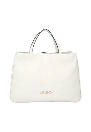 Borsa a mano in pelle bianca con due manici e il logo dorato "LIU JO" al centro sul davanti, mostrata su uno sfondo bianco uniforme.