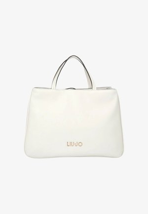 Borsa a mano in pelle bianca con due manici e il logo dorato "LIU JO" al centro sul davanti, mostrata su uno sfondo bianco uniforme.