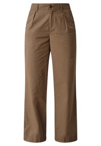 Pantalon en coton marron à coupe droite, avec des plis à l'avant, deux poches latérales et une fermeture sûre par bouton.