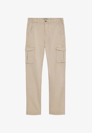 Pantalones cargo beige hechos de mezcla de algodón, con múltiples bolsillos delanteros y laterales, diseño de pierna recta y cierre de botón.