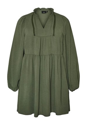 Long-sleeve olive green dress with ruffled collar, V-neckline, gathered waist, and decorative trim along front neckline.