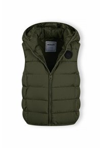 Doudoune en vert olive avec capuche, design matelassé, fermeture éclair centrale et un patch logo noir rond sur le côté supérieur gauche.