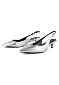 Slingback petke v sijočem srebrnem usnju s koničastim nosom, nizko peto in izrezanim dizajnom na straneh. Črna notranja obloga.