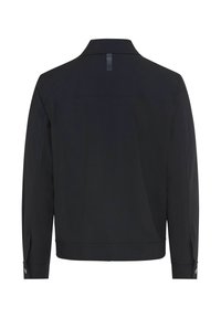 Zwarte jas met een rechte snit, knoopmanchetten en een kraag. Gladde stof met een eenvoudig ontwerp en zonder zichtbare patronen of accenten.