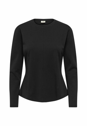 Haut noir à manches longues en tissu doux, avec un col rond, un détail de couture centrale et un ourlet courbé pour un ajustement décontracté.