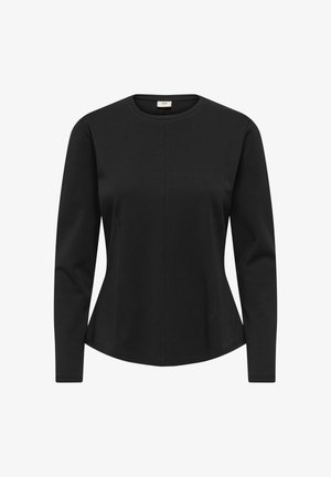 Melnā garajumta blūze, izgatavota no mīkstas auduma, ar apaļu izgriezumu, centrālo šuvju un izliekto apakšmalu, nodrošinot brīvu piegriezumu.