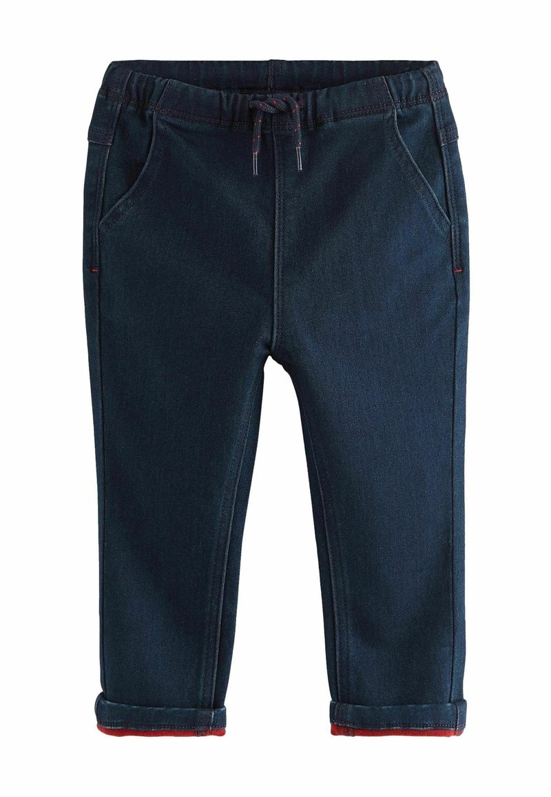 Pantalon bleu foncé pour tout-petit avec taille élastique, poches avant, cordon de serrage et revers roulés dévoilant une doublure intérieure rouge.