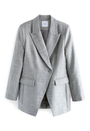 Blazer gris à un seul bouton avec des revers crantés, des poches à rabat et une doublure intérieure lisse.