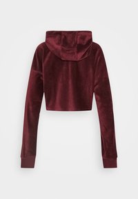 Korte hoodie in bordeaux fluweel, met lange mouwen, een capuchon en geribde manchetten. Glad textuur en minimalistisches ontwerp.