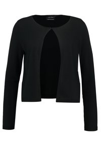 Cárdigan negro con mangas largas, diseño de frente abierto y cuello redondeado. Fabricado en una tela suave y elástica.