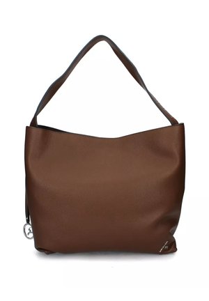 Borsa a tracolla in pelle marrone con una singola tracolla e piccolo dettaglio del logo metallico nell'angolo in basso a destra.