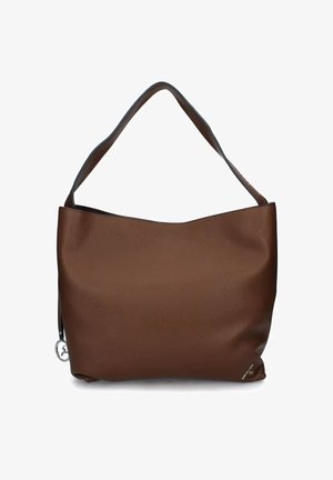 Borsa a tracolla in pelle marrone con una singola tracolla e piccolo dettaglio del logo metallico nell'angolo in basso a destra.