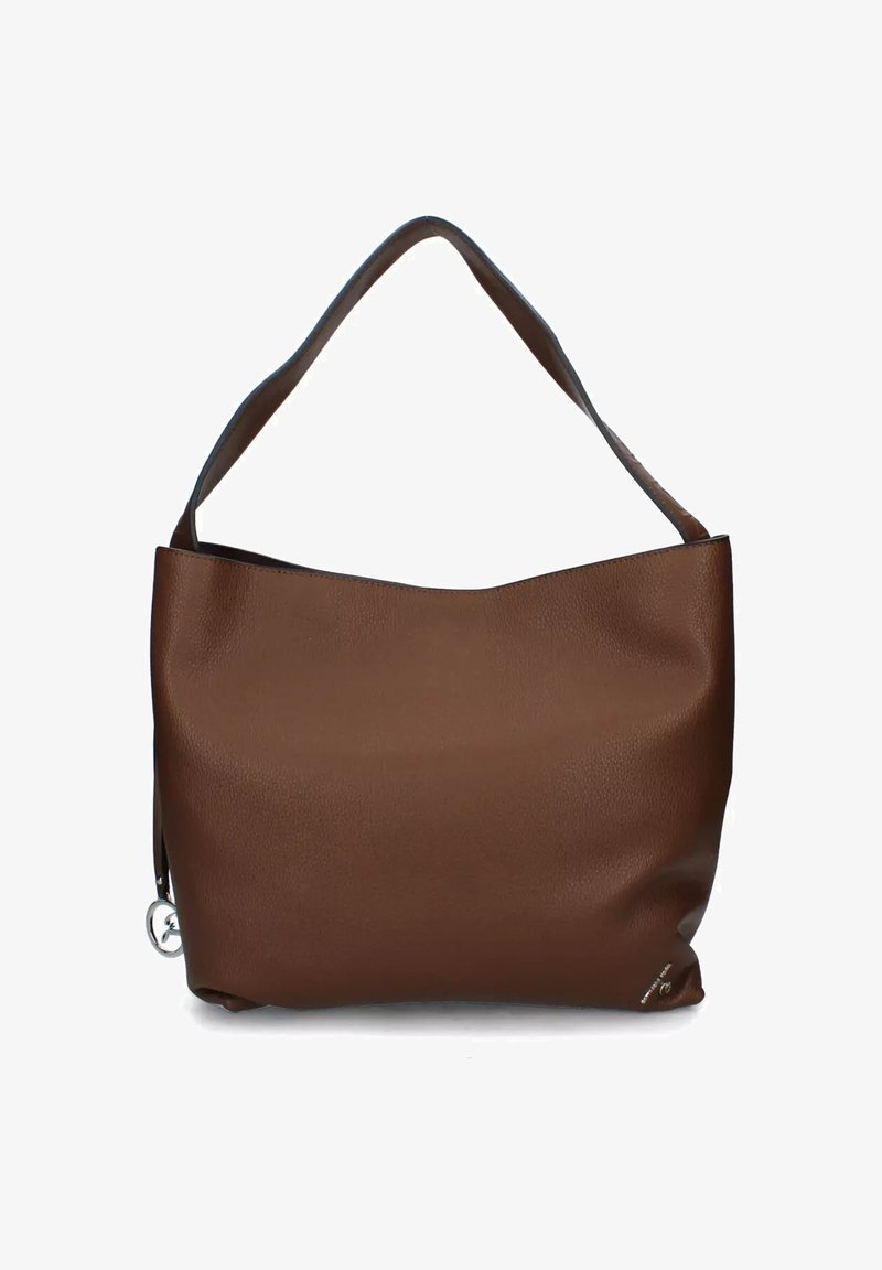 Borsa a tracolla in pelle marrone con una singola tracolla e piccolo dettaglio del logo metallico nell'angolo in basso a destra.