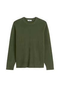 Pulover tricotat ribbed de culoare verde măslin, cu guler rotund și mâneci lungi, având o textură moale și o croială lejeră. Design simplu, fără modele.