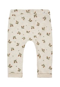 Beige babyleggings met een klein roze en groen bloemenpatroon, elastische tailleband en opgerolde cuffs.