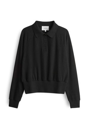 Black pullover with a polo-style collar, raglan sleeves, and button placket. Features elasticated hem and cuffs, made from soft fabric.