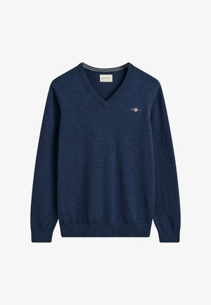 Marineblauwe v-hals trui van zacht breimateriaal, met een klein geborduurd logo op de borst en geribbelde manchetten en zoom.