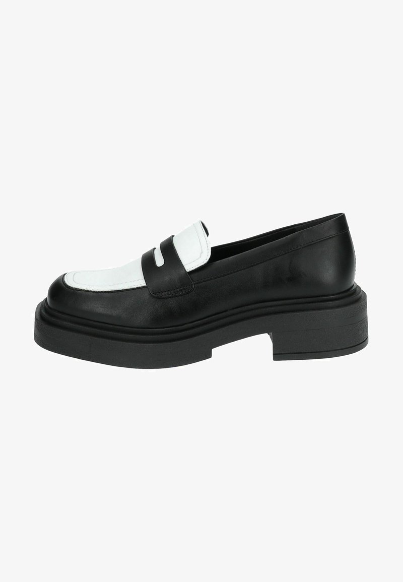 Black and white leather loafer with a rounded toe and thick sole, featuring a decorative black strap across the front. Flat heel.
