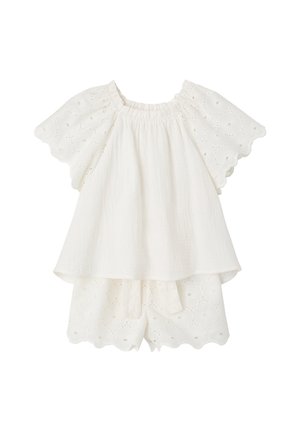 White two-piece toddler outfit with eyelet lace sleeves and shorts, elastic neckline, and scalloped edges on sleeves and shorts.