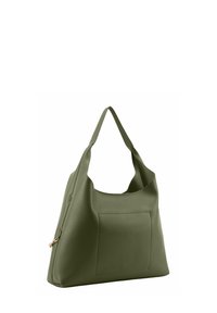 Olive green tote bag made of soft material with a large front pocket, wide shoulder strap, and smooth texture. Features a gold zipper detail.