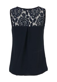 Haut sans manches bleu marine avec un dos en dentelle, orné de motifs floraux ; tissu doux et fluide avec un pli dans le dos.