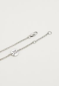 Ασημένια αλυσίδα κολιέ με οβάλ και στρογγυλούς κρίκους, ένα μικρό κυκλικό γούστο με χαραγμένο λογότυπο και έναν ασφαλή κλιπ αστακού.