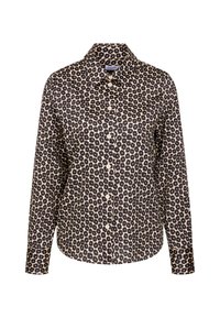 Camicia button-up nera e beige con motivo floreale, maniche lunghe e colletto classico. Realizzata in tessuto leggero.
