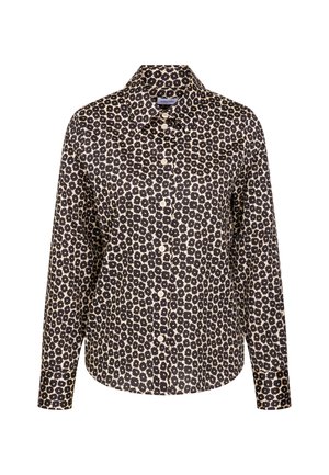 Zwarte en beige knoopsluiting shirt met een bloemenpatroon, lange mouwen en een klassieke kraag. Gemaakt van lichte stof.